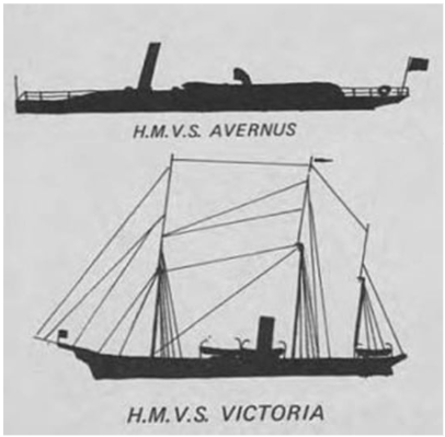A drawing of the HMSV Avernul and HMVS Victoria.