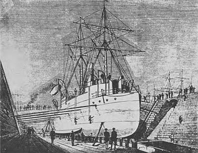 A drawing of the ship Cerberus.